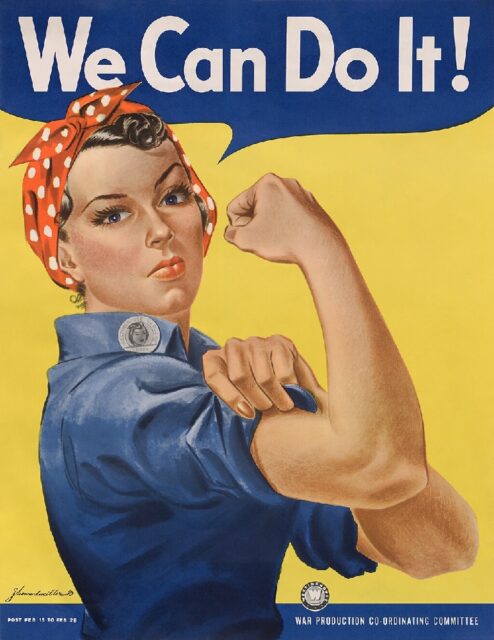 Vintage "We Can Do It!" poster featuring a woman in a blue work shirt and red polka-dot headscarf, flexing her arm muscle, symbolizing female empowerment and war effort support.