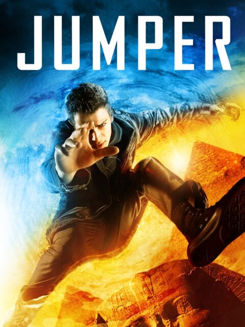 A movie poster for "Jumper" featuring the main character, David Rice, teleporting with his hand extended forward. Behind him, blue and orange energy swirls, symbolizing his teleportation ability. At the bottom of the poster, ancient Egyptian structures, including pyramids and the Great Sphinx, are partially visible. The movie title "JUMPER" is prominently displayed at the top.