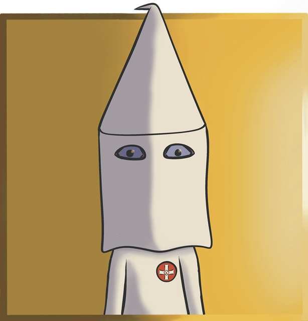 A person wearing a white Ku Klux Klan hood with a pointed top. The person has visible eyes through the hood, and wearing a white rope with an red emblem on the chest with a white cross.