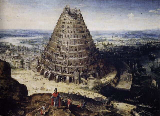 A detailed painting of the Tower of Babel showing its circular structure in the midst of construction, surrounded by ships and workers in a bustling landscape.