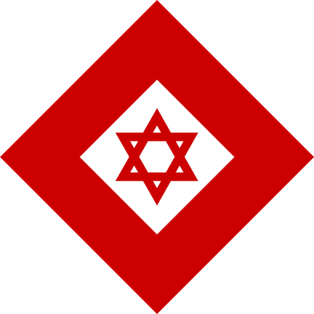 The Magen David Adom Red Crystal with a red Star of David centered within a white rhombus within a red rhombus. This symbol is used for emergency medical services in Israel.