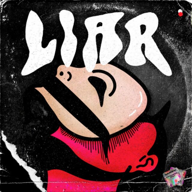 A red, devil-like head with small horns, tilted upwards. A mask is placed above its face, with only one eye visible. The mouth of the mask appears to be sealed with some sort of covering, adding to the sense of deception. The word "LIAR" is prominently displayed in bold, stylized letters above the figure, emphasizing the theme of dishonesty. The red hue and horns further enhance the devilish, mischievous aesthetic.