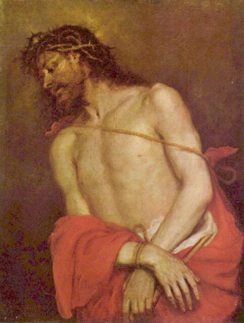 Painting of Jesus, titled "Ecce Homo" by Mateo Cerezo (1650), depicting Jesus with a crown of thorns, hands bound, and a somber expression, reflecting the moment he was presented to the people after being tortured.