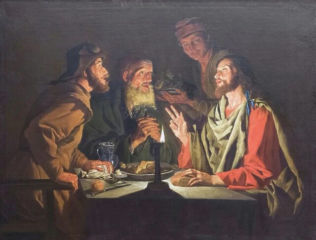 Painting showing a candlelit scene where Jesus is seated at a table, breaking bread with two disciples. The dark room is illuminated by a single candle placed at the center of the table, casting dramatic shadows. The figures are dressed in simple, earthy tones, with Jesus depicted on the right, the disciples on the left, and a servant pouring water in the background. The painting captures the moment of recognition with a focus on the play of light and shadow.