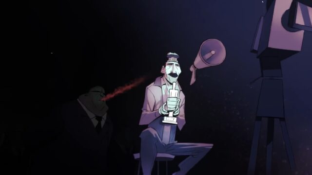 A man with a mustache, bound and seated, holding a trophy. He is illuminated under a spotlight. A menacing figure behind him blows a red mist towards the back of his head. A megaphone is visible in front of the director, before a video camera pointing forward, suggesting an intense or threatening atmosphere. The background is dark, enhancing the dramatic effect.