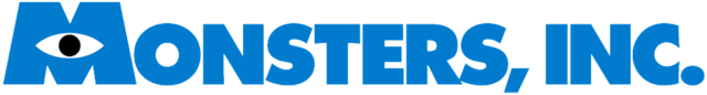 The logo for "Monsters, Inc." featuring stylized blue text with a prominent eye embedded in the letter "M." The eye is white with a black pupil, seamlessly integrated within the overall blue color scheme of the logo.