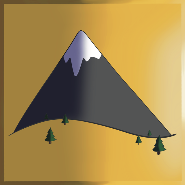 A mountain with a snow-capped peak. The mountain is dark gray, with a triangular shape and a smooth slope. Small green pine trees are scattered around the base of the mountain.