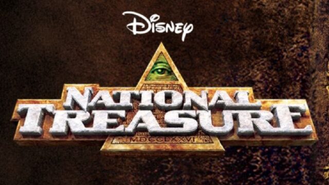 Logo for "National Treasure," featuring bold, silver block letters over a textured golden background. Behind the title, the Illuminati pyramid with the Eye of Providence at the center is visible, symbolizing the hidden secrets and mysteries central to the movie's plot. The Disney logo appears at the top.