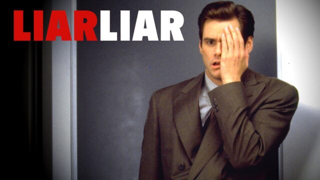 A promotional image for the movie "Liar Liar" (1997) features the character Fletcher Reede in a suit, covering one side of his face with his hand, looking surprised as if something bad has just happened. The title "Liar Liar" is displayed in bold red and white letters on the left.