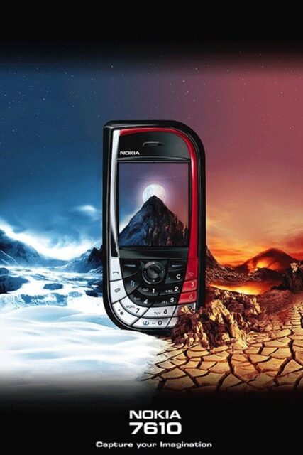 An advertisement for the Nokia 7610 mobile phone shows the device centered between two contrasting landscapes—one cold and snowy, the other hot and dry, with a mountain and full moon displayed on the phone screen. The tagline reads: "Capture your Imagination."