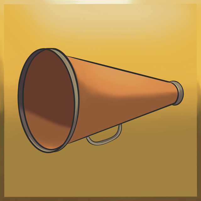 An old-fashioned megaphone, orange in color with a handle.