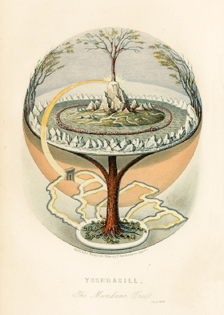 The World Tree, Yggdrasil, illustrated as a large tree metaphorically representing the world and a hidden underworld, from the Prose Edda (1847).