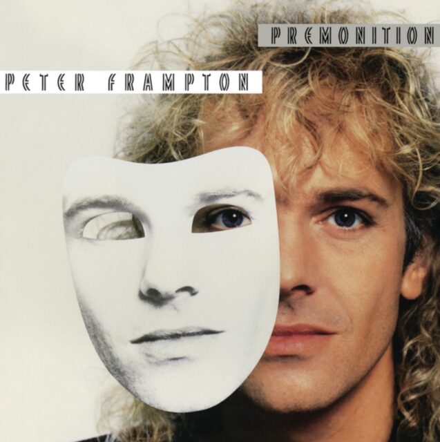 Peter Frampton on the cover of his album "Premonition." He is looking through the left eye opening of the mask with his right eye. His left eye is outside of the mask, and the right eye opening of the mask remains hollow.