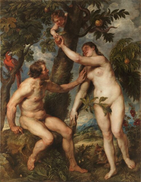 The moment of the Fall of Man. Adam and Eve are shown at the Tree of Knowledge, with Eve handing the forbidden fruit to Adam, encouraged by a cherub and a serpent entwined in the branches.