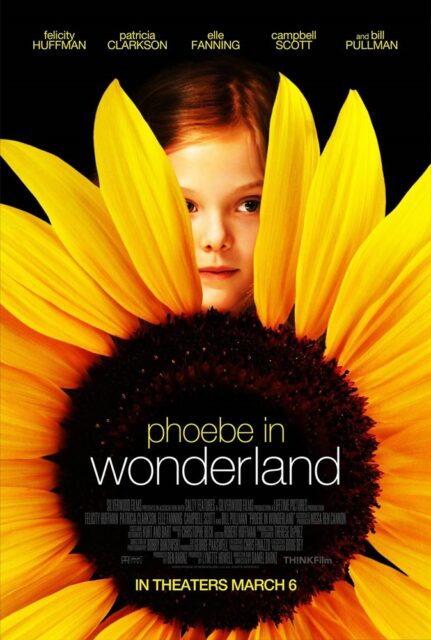 The movie poster for "Phoebe in Wonderland" shows a young girl, Phoebe, peeking through the vibrant yellow petals of a large sunflower. Her face is partially obscured, with the sunflower covering her right eye, leaving only her left eye visible.