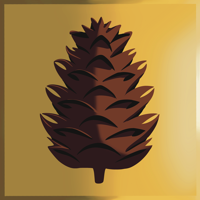 A brown pine cone. The pine cone is detailed with overlapping scales and is depicted in a symmetrical, upright position.