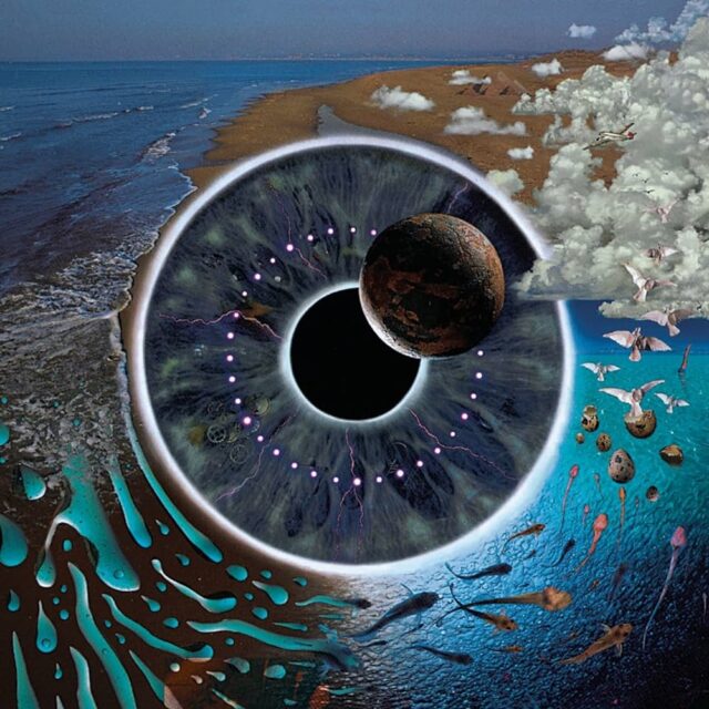 Album cover for "Pulse" by Pink Floyd (1995), featuring a large human eye at the center, with intricate details in the iris and a dark void in the pupil. A planet partially covers the eye. The surrounding landscape blends various elements such as a beach, ocean, clouds, fish, birds, and abstract shapes, creating a surreal and otherworldly scene.