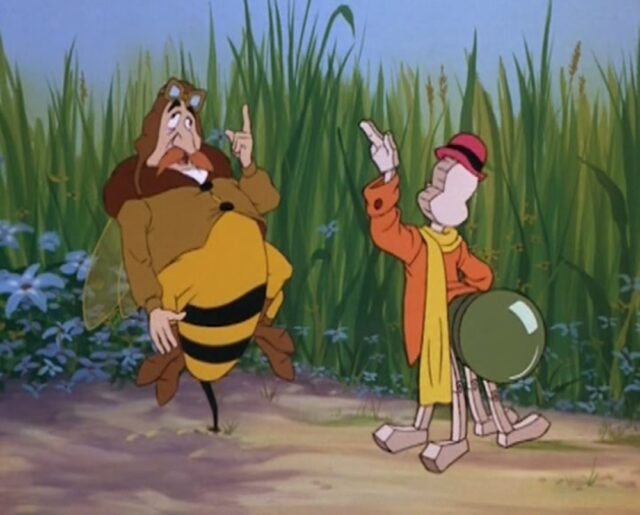 A scene from an animated film showing a character that is half human and half bee (Drunk Bee), looking disoriented, while a wooded grasshopper (Jiminy Cricket) in a red hat and orange coat gestures animatedly next to him, set against a backdrop of tall grass and flowers.