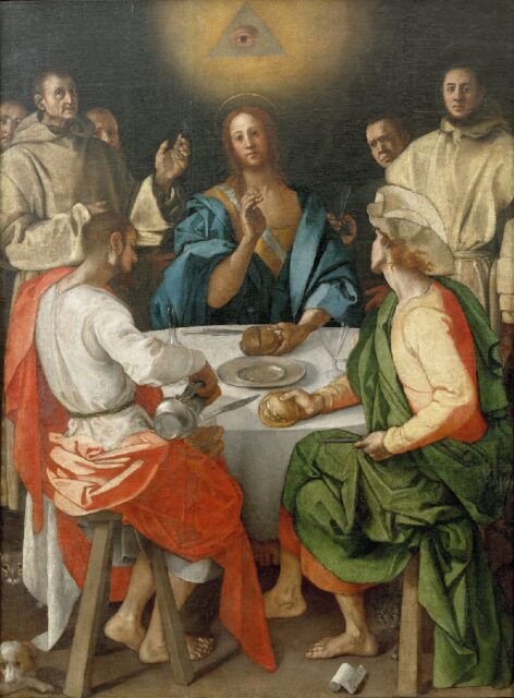 Painting where Jesus is seated at a table with two disciples, breaking bread as a gesture of revealing His identity after resurrection. Above Jesus' head, an All-Seeing Eye within a triangle is prominently depicted. The disciples are shown with gestures of realization and reverence. The background features a group of figures observing the scene, adding depth to the composition.