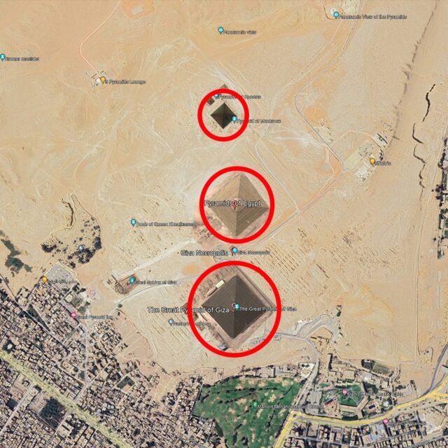 An aerial view of the Pyramids of Giza in Egypt, with three pyramids highlighted in red circles. The pyramids are located on the Giza Plateau, near Cairo, and are famous for their historical significance and grand architecture