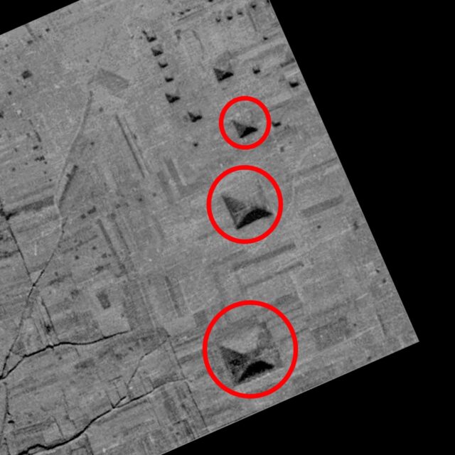 An aerial photograph of the pyramids near Xi'an, China. Three pyramid-like structures are highlighted with red circles. These pyramids are ancient burial mounds primarily from the Han Dynasty.