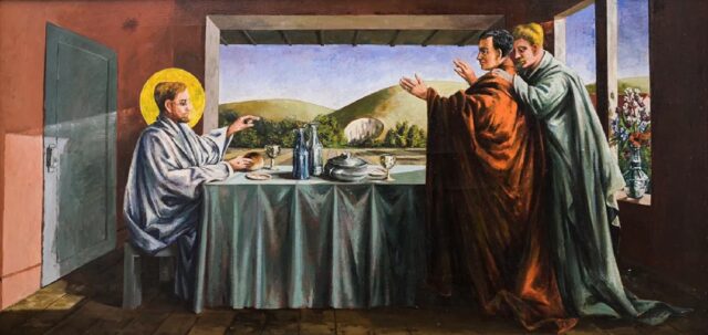 Modern interpretation of the Supper at Emmaus presents Jesus with a radiant halo, seated at a table with bread and wine. Two disciples stand to the right, one reaching out toward Jesus in surprise. The background shows windows with a picturesque landscape with a rolling hill and a tomb. The vivid colors and expressive gestures highlight the emotional intensity of the moment.