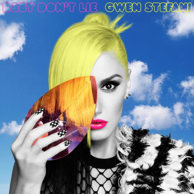 Gwen Stefani on the cover of her single "Baby Don’t Lie." She partially covers her face with a prism, blending bold and bright colors to create an abstract, surreal look. Her expression adds mystery to the composition.