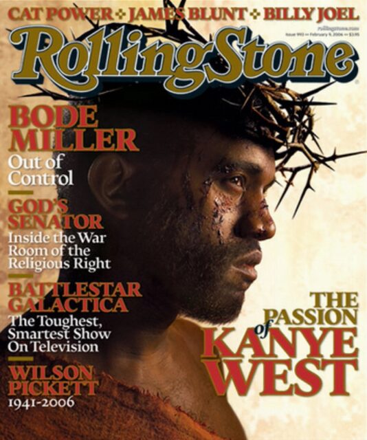 A Rolling Stone magazine cover featuring Kanye West depicted as Jesus Christ, wearing a crown of thorns with blood and wounds on his face. The headline reads "The Passion of Kanye West," drawing a parallel between Kanye West and the suffering of Christ. The background is a muted, sepia tone, adding a dramatic effect to the imagery.