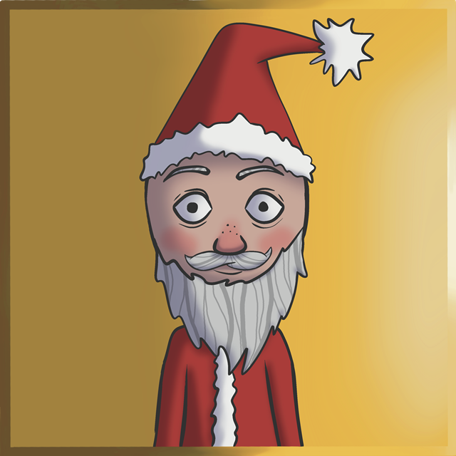 A character dressed as Santa Claus with a red Santa hat, red suit, white moustache and white beard.