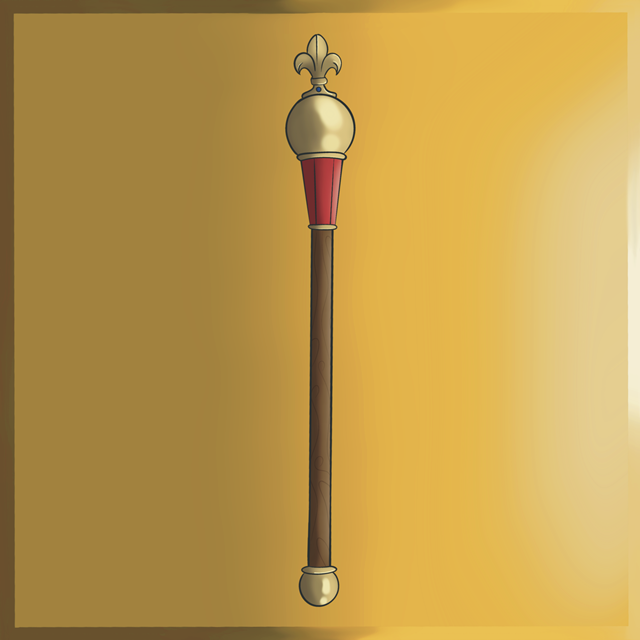 A ceremonial scepter featuring a gold finial with a fleur-de-lis at the top, a red cylindrical segment, and a wooden shaft. The bottom is capped with a gold ornament.