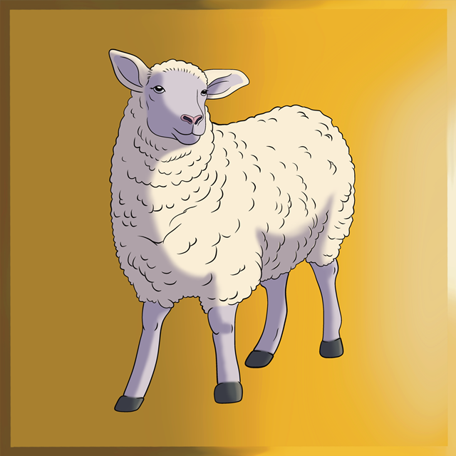 A white sheep standing calmly, with its woolly coat and ears pointed slightly forward.