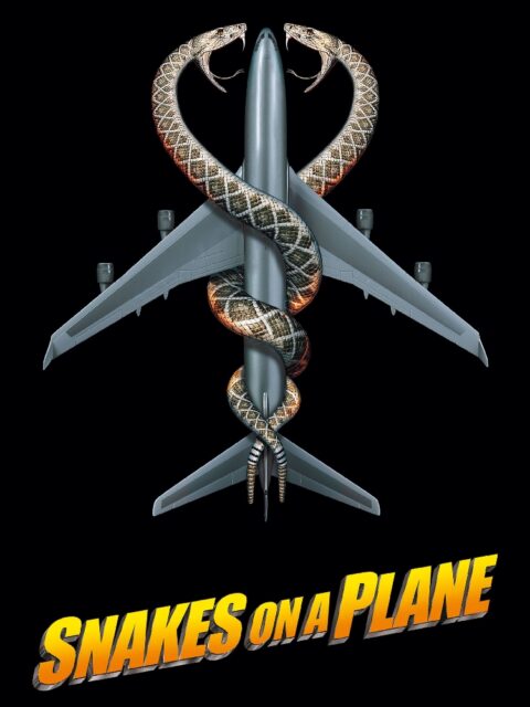 A movie poster for "Snakes on a Plane." It features an airplane with two large snakes coiled around it, facing each other with open mouths. The title "Snakes on a Plane" is displayed at the bottom in bold, yellow letters. The background is black.