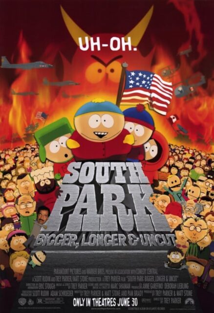 Movie poster for "South Park: Bigger, Longer & Uncut" (1999). The poster features the main characters, Cartman, Kyle, Stan, and Kenny, standing in front of a crowd with flames in the background. Above them, the text "UH-OH" is seen, and a large, menacing face with horns is visible in the background along with planes, helicopters and tanks pointing towards each other, symbolizing war. The title "South Park: Bigger, Longer & Uncut" is prominently displayed at the bottom.