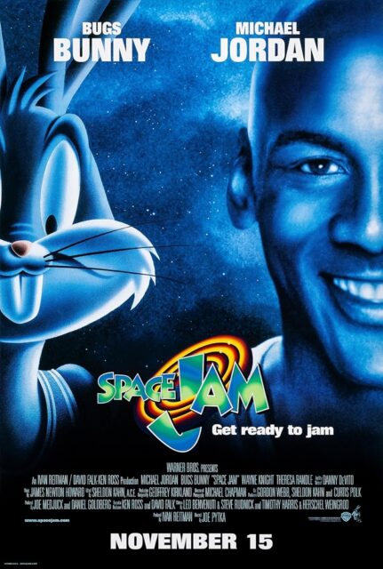 The movie poster for "Space Jam" features half of Bugs Bunny's animated face on the left and half of Michael Jordan's face on the right, set against a dark blue space background. The title "Space Jam" appears at the bottom center, accompanied by the tagline "Get ready to jam."