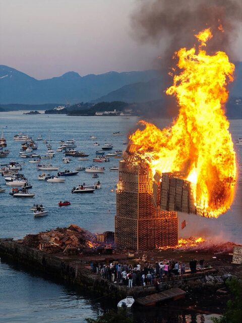 A massive bonfire burns brightly on a waterfront, with large flames engulfing a tall structure made of wooden pallets. In the background, numerous boats are gathered on the water, and a crowd of people is watching the spectacle from the shore. The scene is set against a backdrop of mountains and a calm sea.