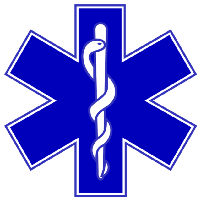 A blue, six-pointed star featuring a white Staff of Asclepius (a staff with a snake coiled around it) in the center.