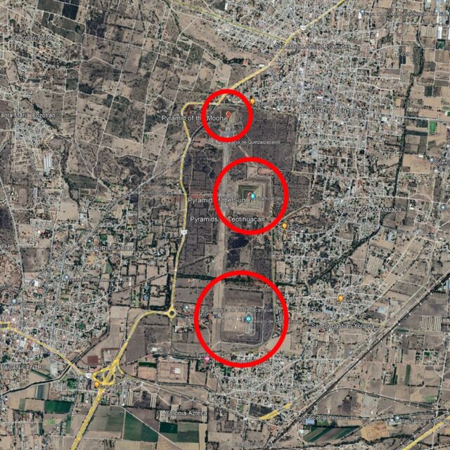 An aerial view of the pyramids at Teotihuacan, Mexico, with three main structures highlighted in red circles. The site includes the Pyramid of the Sun, the Pyramid of the Moon, and the Temple of the Feathered Serpent.