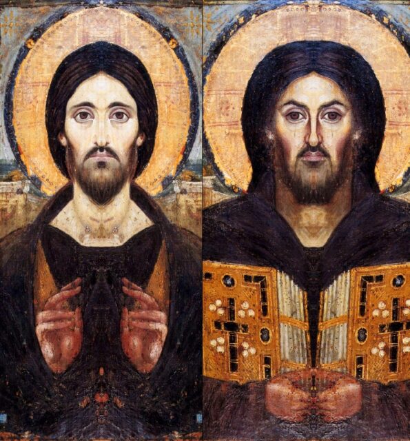 Two mirrored versions of the Christ Pantocrator icon, creating a symmetrical composition of Jesus’ face, emphasizing the differences in expression and features between the left and right sides.