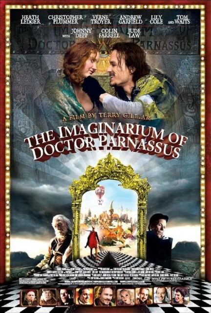 Movie poster for "The Imaginarium of Doctor Parnassus" (2009), featuring a large ornate golden mirror at the center, leading to a fantastical, colorful world. In the foreground, a woman and a man smile at each other, with the Eye of Providence between them, while two other characters stand on either side of the mirror, set against a cloudy, mystical backdrop. At the bottom, a row of smaller images shows the film's cast.