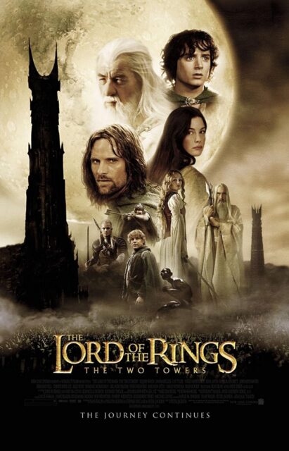 A movie poster for "The Lord of the Rings: The Two Towers" featuring key characters, including Gandalf, Frodo, Aragorn, Arwen, Éowyn, Legolas, Gimli, Sam, Gollum, and Saruman. Two towers, Orthanc and Barad-dûr, are visible on either side. A large full moon is in the background, while a crowd of warriors can be seen at the bottom. The tagline "The Journey Continues" is written at the bottom.