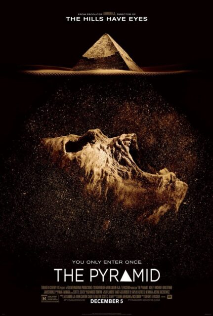 A movie poster for "The Pyramid" (2014) featuring a pyramid half-buried in sand. Below the surface, a mummy lies buried, shown in profile with its mouth agape, appearing to scream while gazing upward. The sand beneath the ground mirrors the shape of the pyramid, and the mummy’s empty right eye socket aligns within the pyramid, subtly evoking the Eye of Providence. The tagline reads, "You only enter once."