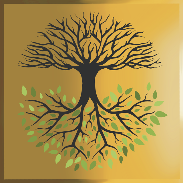 The Tree with Knowledge of Good and Evil, a stylized symmetrical tree upside-down with green leaves on its branches and a complex network of roots.