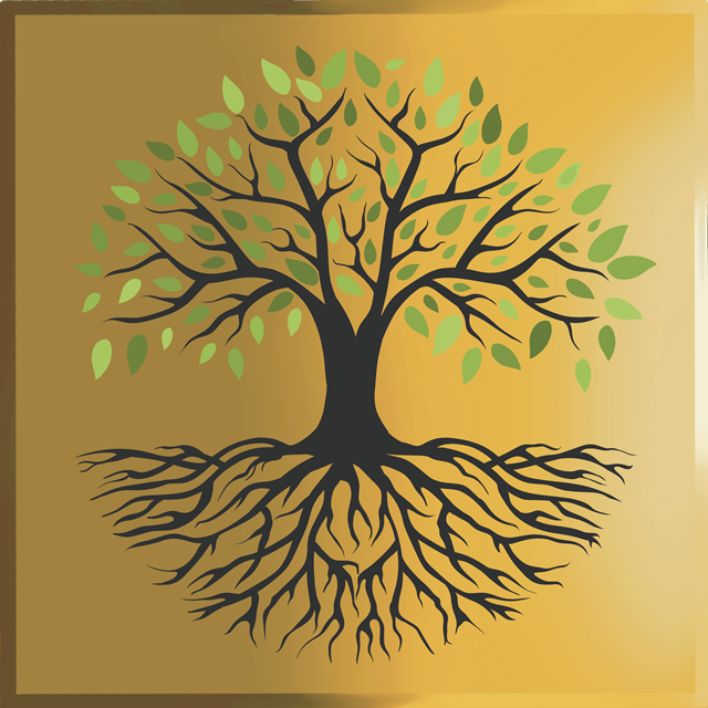 The Tree of Life, a stylized symmetrical tree with green leaves on its branches and a complex network of roots.