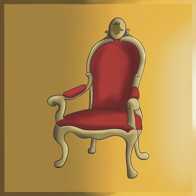 An ornate throne with a red cushioned seat, backrest, and armrests. The throne features a gold-colored frame with intricate scrollwork. At the top of the backrest, there is a circular medallion with a small face wearing a crown.