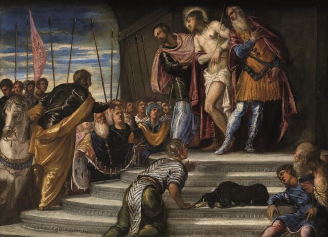 Painting titled "Ecce Homo" by Tintoretto (1546), depicting Jesus Christ, crowned with thorns and draped in a red robe over his shoulders, while a white cloth covers his waist. He is being presented to the crowd by Pontius Pilate, capturing the moment of public humiliation before his crucifixion. The scene includes various figures reacting emotionally to the event.