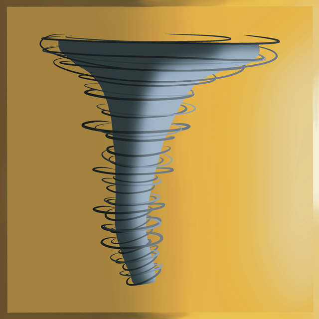 A tornado with a spiraling funnel shape.