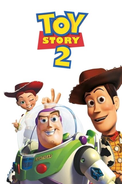 The poster for "Toy Story 2" features the main characters, Jessie, Buzz Lightyear, and Woody. Jessie is playfully winking with her left eye while standing behind Buzz and Woody. Buzz is smiling confidently in the center, while Woody, on the right, is smiling warmly. Woody is creating the bunny ears gesture behind Buzz. The bunny ears gesture together with Jessie's wink forms the symbol of Islam, also known as the Mason symbol.