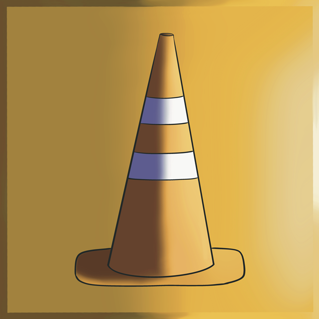 A traffic cone with orange color and two white reflective stripes.