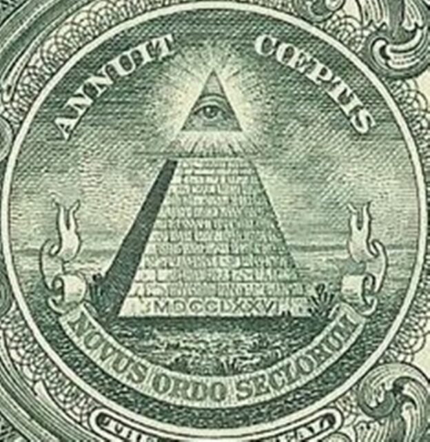 The image shows the reverse side of the Great Seal of the United States, which appears on the back of a US one-dollar bill. It features an unfinished pyramid with 13 steps, depicted in green. At the top of the pyramid is the Eye of Providence, enclosed in a triangle and surrounded by rays of light. Above the pyramid is the Latin phrase "Annuit Coeptis," meaning "He (God) has favored our undertakings," written in green. Below the pyramid is another Latin phrase, "Novus Ordo Seclorum," meaning "New Order of the Ages," also in green. The base of the pyramid displays the date "MDCCLXXVI" (1776) in Roman numerals. The entire design is set within an intricate green border.