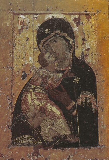 The "Virgin of Vladimir," a famous 12th-century Byzantine icon depicting the Virgin Mary tenderly holding the Christ Child, painted in the Eleusa style.